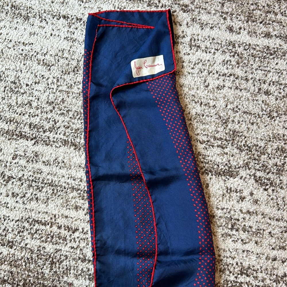 Scarf with red and navy pattern 26x26” square. - Picture 2 of 2